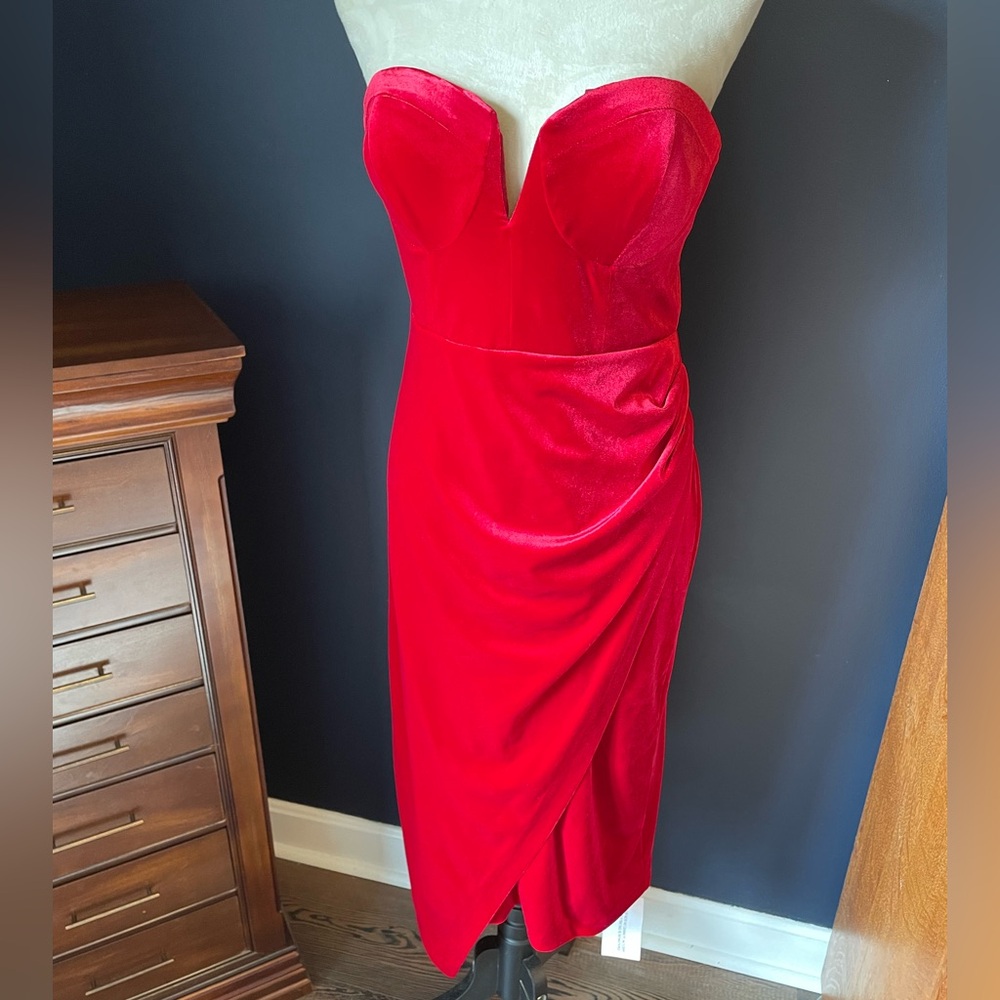 Anthropologie Strapless Red Velvet Midi Dress - Picture 3 of 12